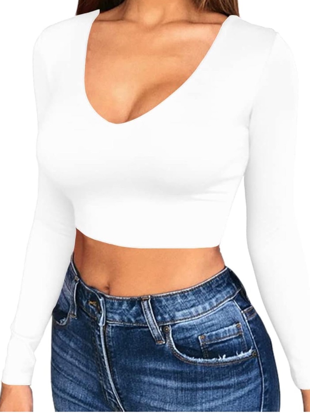 Women's White Long Sleeve V-Neck Crop Top